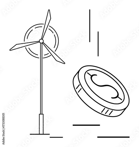 Wind turbine alongside a floating coin, representing renewable energy, green investment, and clean economy. Ideal for sustainability, finance, eco-friendliness, innovation, energy sources