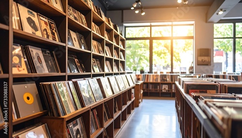 Vintage Vinyl Records Store Interior  Rows of Music Albums on Display with Sunshine.