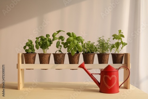 Row of potted herbs on a wooden stand with a red watering can