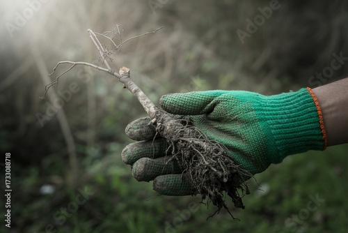 Gardener s gloved hand holding a small plant seedling with soil