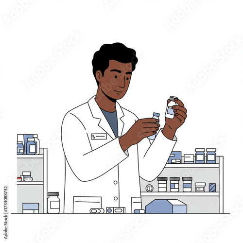 Pharmacist Examining Medication Bottles in a Modern Pharmacy Setting - Healthcare Illustration