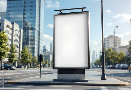Vertical billboard mockup, brushed aluminum extrusion frame 40 mm, poster vinyl 0.25 mm matte laminated, size 1000×1600 mm portrait, installed on concrete pavement at bus stop, background with cars 