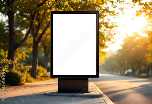 Vertical billboard mockup, brushed aluminum extrusion frame 40 mm, poster vinyl 0.25 mm matte laminated, size 1000×1600 mm portrait, installed on concrete pavement at bus stop, background with cars 