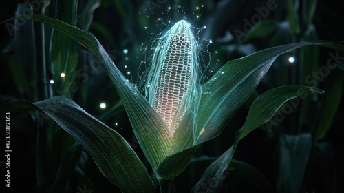 Illuminated corn cob in field