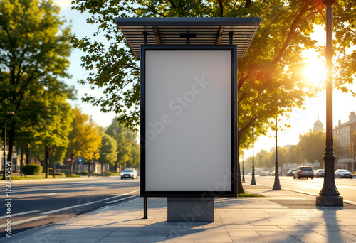 Vertical billboard mockup, brushed aluminum extrusion frame 40 mm, poster vinyl 0.25 mm matte laminated, size 1000×1600 mm portrait, installed on concrete pavement at bus stop, background with cars 