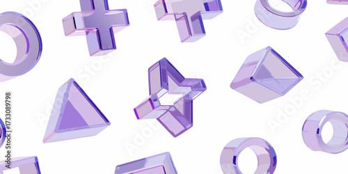 Abstract geometric shapes in translucent purple glass with a white background