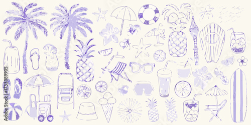 Collection of hand drawn summer beach vacation icons and elements in purple outline style