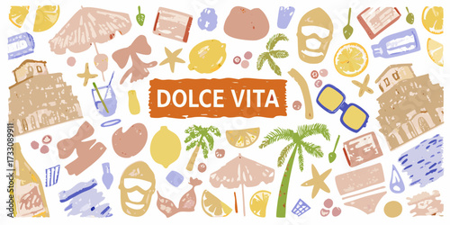 Vibrant dolce vita illustration with italian landmarks beach items and citrus fruits