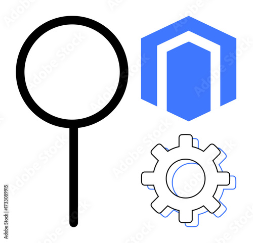 Magnifying glass, gear icon, and hexagonal element signify search, configuration, and digital platforms. Ideal for SEO, analytics, e-commerce development UX software technology. Simple flat