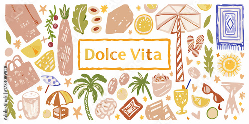 Dolce vita collection of summer vacation and beach elements in a hand drawn style