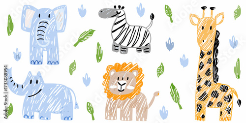 Cute hand drawn safari animals including elephant giraffe zebra and lion with leaves and paw prints