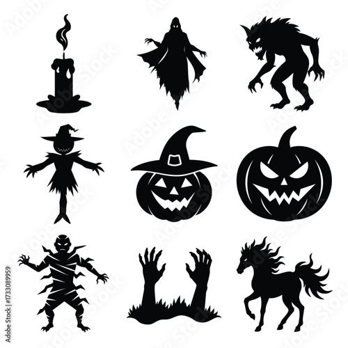 Halloween Spooky Silhouettes Collection, Ghosts, Werewolves, Pumpkins, Mummy, Scarecrow, Zombie Hands, Candle, Dark Horse Icons