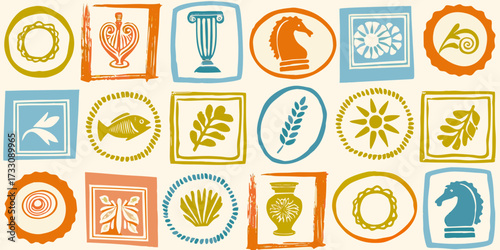 Collection of stylized ancient greek inspired icons and symbols in a repeating pattern