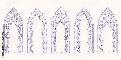Five gothic arched windows adorned with delicate floral vines and leaves in a purple sketch style