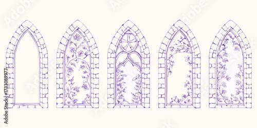 Gothic arched windows with intricate floral vine designs and stone masonry in purple ink