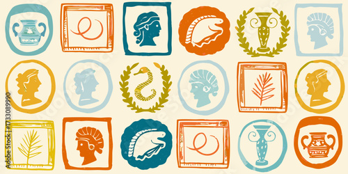 Collection of stylized ancient greek and roman motifs in a repeating pattern with vibrant colors
