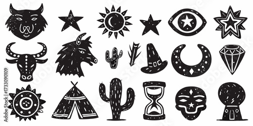 Collection of rustic black and white western and mystical symbols with textured grunge effect