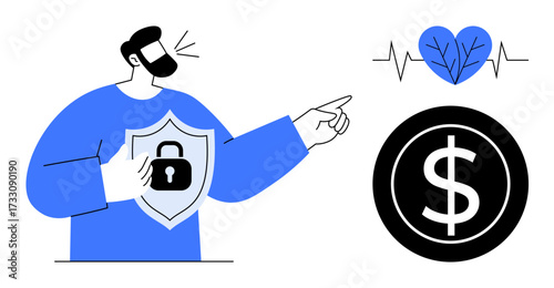 Male figure with shield featuring lock, heart with pulse and leaf, dollar coin. Ideal for health, insurance, finance, security, wellness eco-living safeguarding themes. Simple flat metaphor