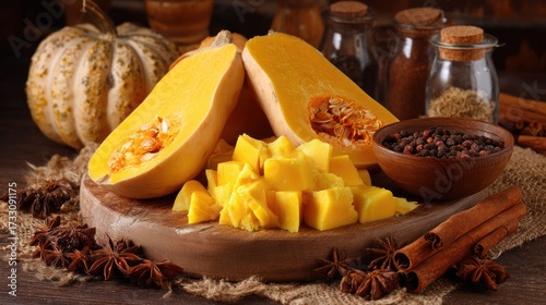 Butternut squash sliced and diced on wood with spices and whole pumpkin