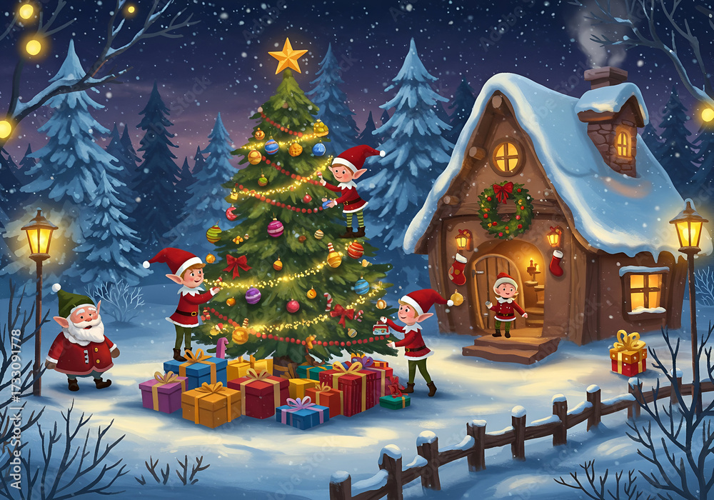 Obraz premium Whimsical winter scene featuring elves decorating a Christmas tree outside a cozy cottage, capturing the joyous spirit of the holiday season in a magical snowy landscape.