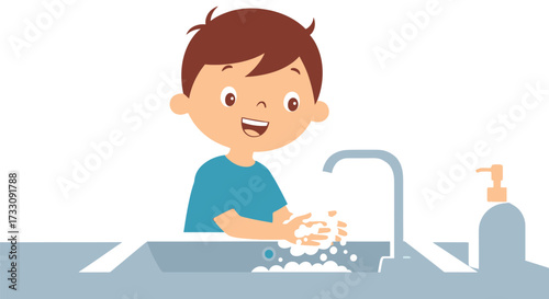 Cute boy washing hands carefully with soap and water in bright bathroom promotes hygiene and healthy habits for kids, offering peace of mind to parents