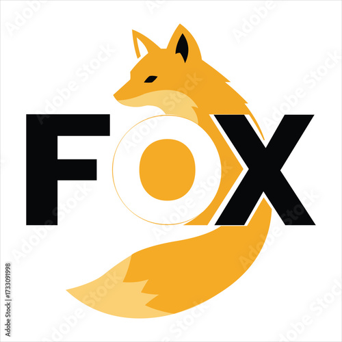 Stylized orange fox with a bushy tail forming the letter o in the word fox on
