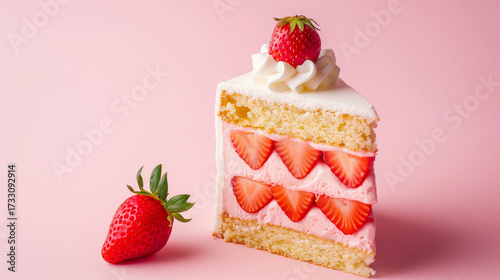 Delicious slice of strawberry shortcake with whipped cream and fresh strawberries on pink background