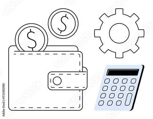 Wallet with coins, gear, and calculator symbolize money management, saving, budgeting, and efficiency. Ideal for finance, accounting, planning investments banking economy simple flat metaphor