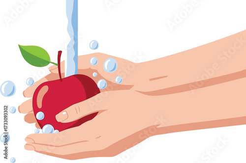 Hands gently washing a vibrant red apple under a stream of clear water, creating a refreshing and healthy hygiene concept.