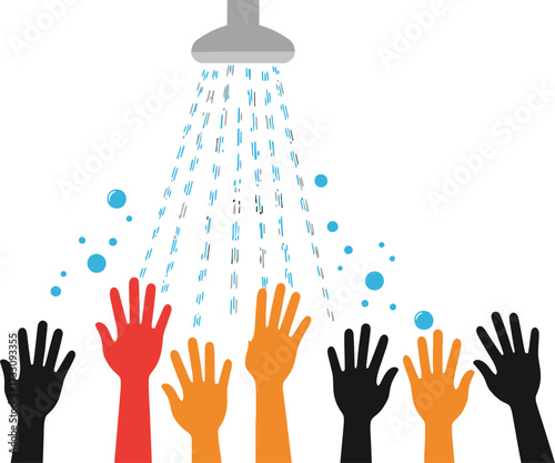 Eager hands reach up for refreshing shower spray, symbolizing hope, desire, and seeking relief during a warm day.