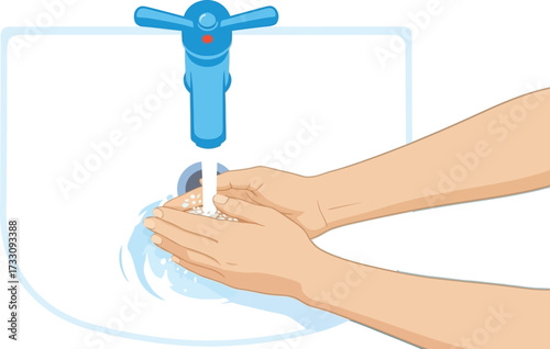 Hands gently washing under clean flowing water from a modern blue faucet in a bright white sink, promoting hygiene and wellness