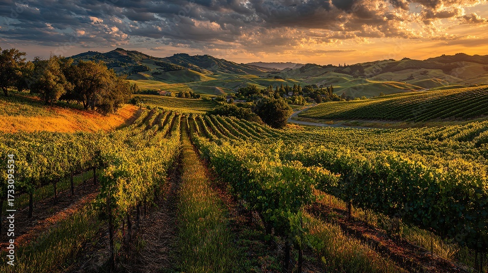 Naklejka premium Vineyard rows stretch into rolling hills under a dramatic sunset sky