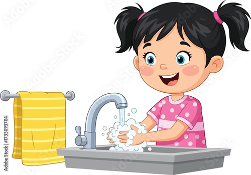 Happy little girl enthusiastically washing hands under running water with soap bubbles creating a fun hygiene moment