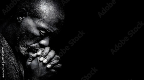 Prayer in Darkness: A contemplative figure, enveloped in shadows, clasps hands in fervent prayer, their face etched with sincere devotion and spiritual reflection.