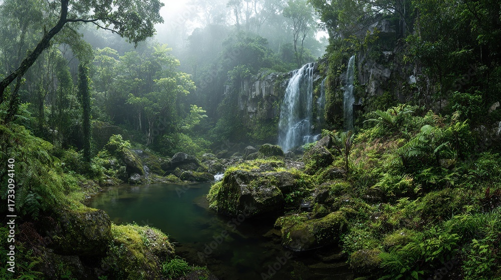 Obraz premium Lush, misty forest scene features a waterfall cascading into a serene, dark pool. Abundant foliage & moss