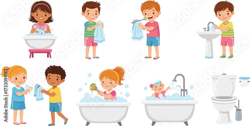 Joyful children engaging in daily hygiene routines, washing hands, brushing teeth, and enjoying bubbly baths, illustrating healthy habits and playful childhood moments.
