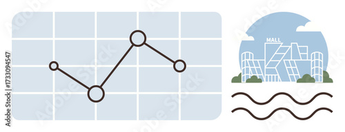 Line graph on grid showcasing data growth, futuristic mall with geometric details, fluid lines below. Ideal for commerce, analysis, data tracking, architecture, retail fluidity simplicity. A simple