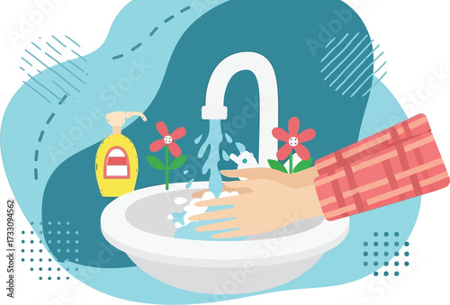 Sparkling clean hands under running water with soap dispenser and cheerful flowers, promoting health and hygiene