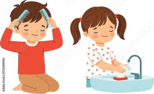 Adorable cartoon children practicing healthy morning routines combing hair and washing hands with soap and water