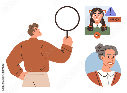 Man with magnifying glass examines profiles with facial recognition alert, detecting a fake image. Ideal for technology, security, digital identity, AI ethics, investigation, verification, awareness
