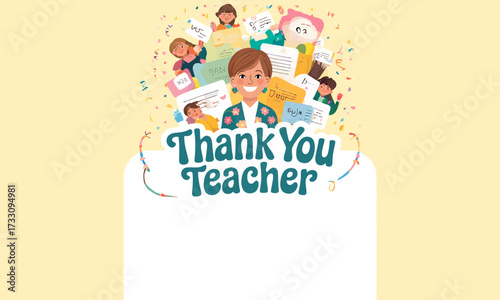 Teacher Appreciation: Vector Illustration of Smiling Teacher and Student Thank You Cards