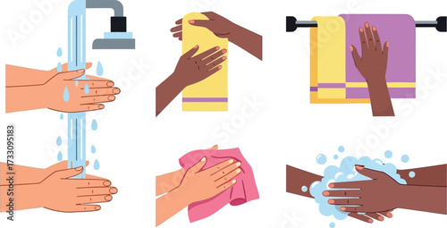 Learn proper hand hygiene with step-by-step illustrations showing washing with water, soap, and drying with towels for ultimate cleanliness and health.