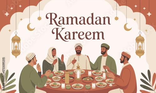 Ramadan Kareem Celebration: Family Iftar Meal Illustration