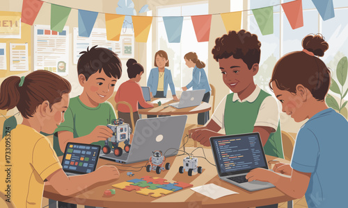 Kids Learning Robotics and Coding in Classroom