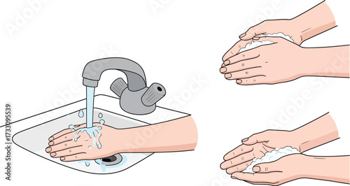 Learn essential hygiene steps with clear handwashing illustrations showing water and soap lather for proper cleaning and health