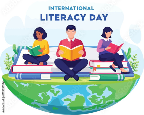 Celebrate International Literacy Day with diverse readers enjoying books on a world of knowledge, inspiring a love of learning and global education