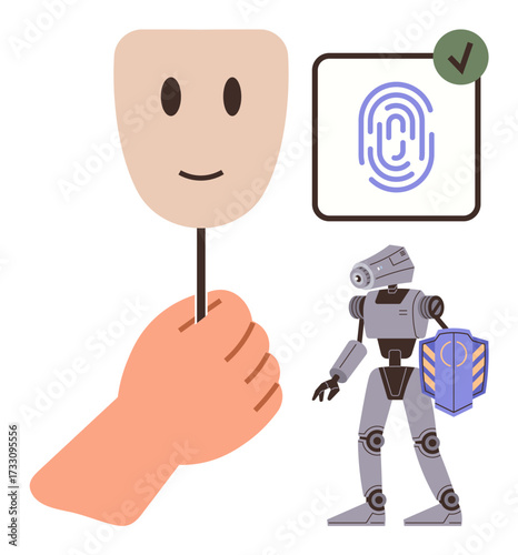 Mask held by hand, biometric fingerprint scan approved, robot holding shield. Ideal for cybersecurity, authentication, AI, identity protection, data security anonymity future innovation. Simple