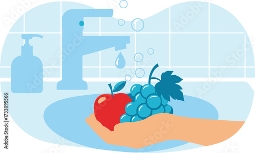 Hand holding fresh apple and grapes under running water from modern faucet, promoting healthy food and hygiene practices.