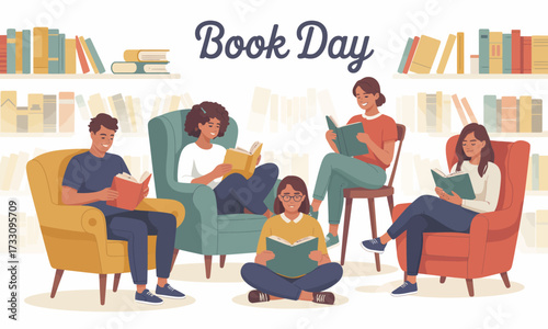 Book Day Illustration: Group Reading in a Cozy Library Setting