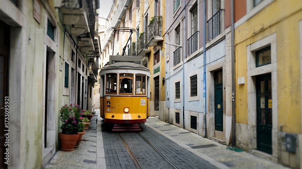 Naklejka premium Iconic yellow tram navigates narrow european cobblestone street scenic cityscape